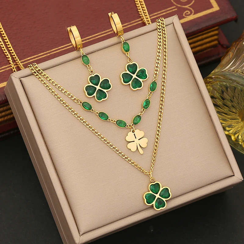 

Stainless Steel Clover Jewelry Set with Zircon Women Emerald Necklace Earrings and Bracelet for Wedding Gifts