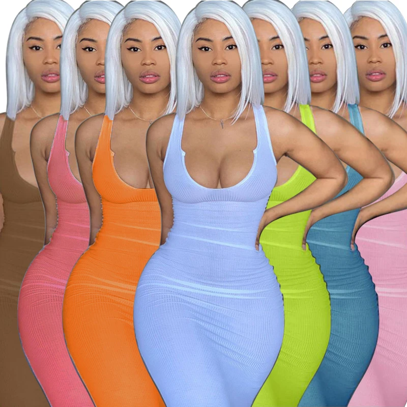 

Cotton Sleeveless V-Neck Casual Women Dress Elastic Fitness Fashion Solid White Skinny Bodycon Mini Dresses Streetwear Outfits, Photo color