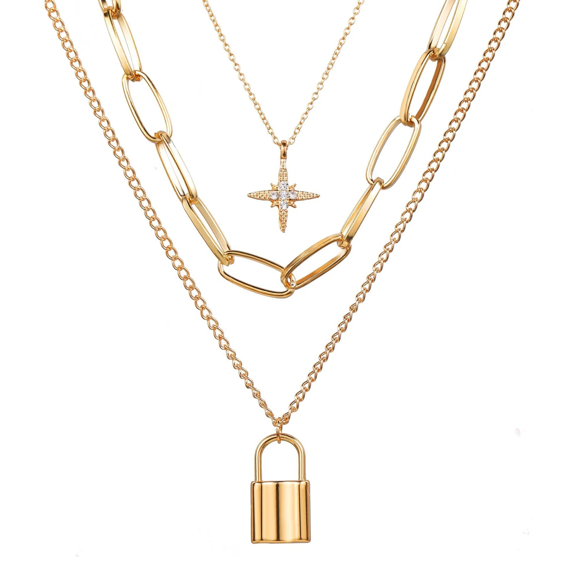 

Wholesaler womens fashion gold plated layered lock star pendant necklaces jewelry