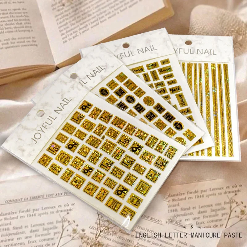 

Paso Sico Punk Laser Gold Foil English Letter Cool Girl Nail Art Decals 3D Manicure Applique Nail Stickers for Supplies