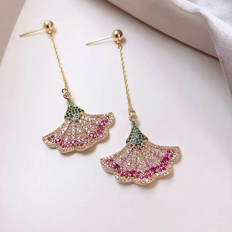 

real gold plated fan dangle colorful rhinestone crystal earrings