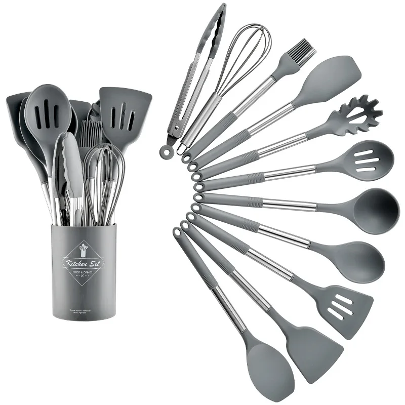 

TY2022 OEM/ODM Kitchen gadgets 11-piece stainless steel tube handle silicone kitchen utensils with storage buckets, As shown