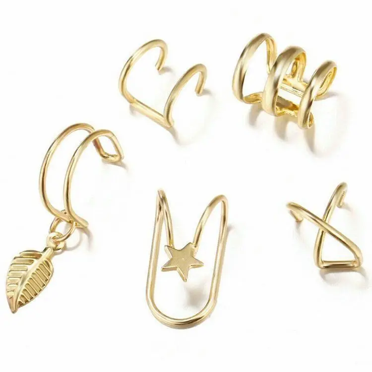 

Fashion 5Pcs/Set Gold Leaves non pierced earrings Clips u shaped earring non piercing ear cuffs Jewelry For Women Men