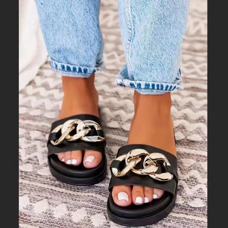 

2021 Ladies Fashion Soft PVC Slippers For Women Flat Slides Home Open Toe women's Metal Buckle sandals shoes, Black,beige