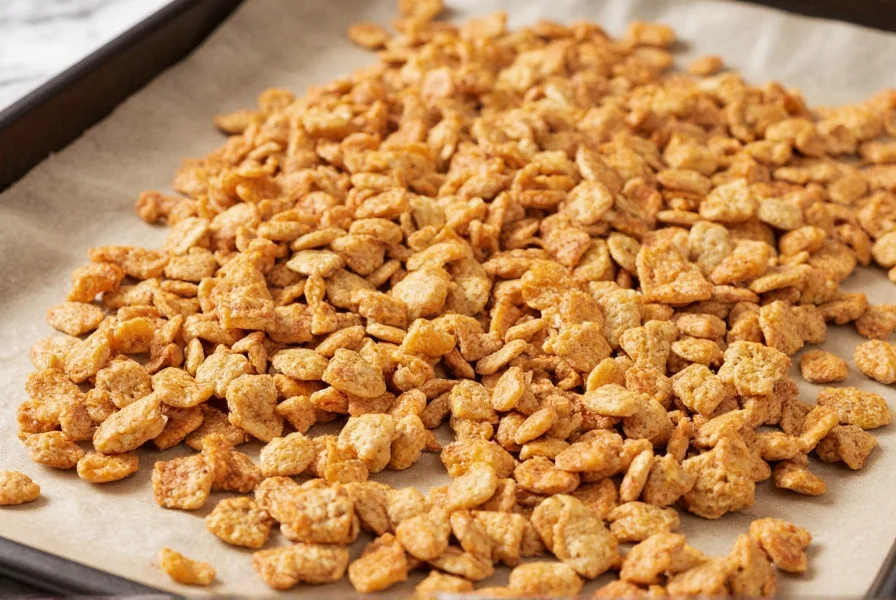 Homemade cinnamon Chex mix cooling on baking sheet with parchment paper, golden brown color, perfect crunch texture