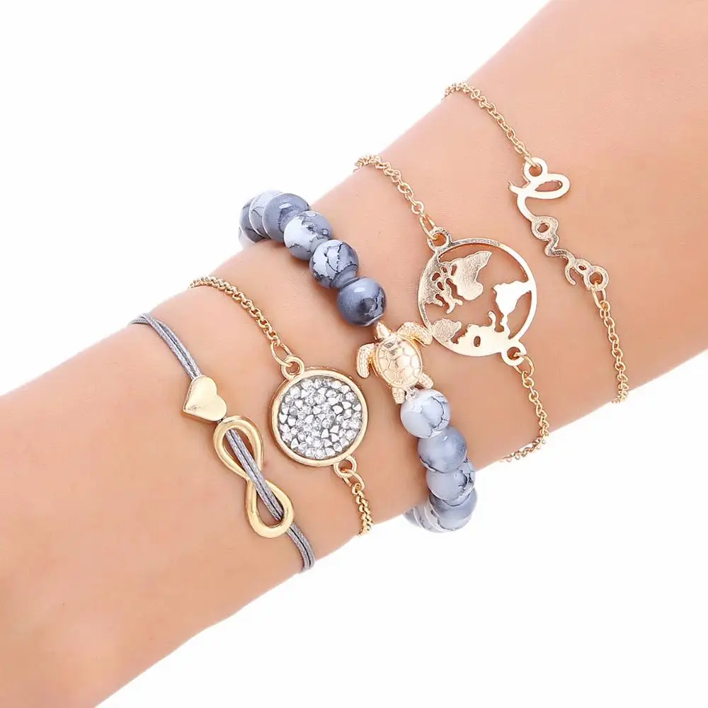 

European and American hot selling women's bracelet weaving love world map turtle Beaded Bracelet five piece set jewelry