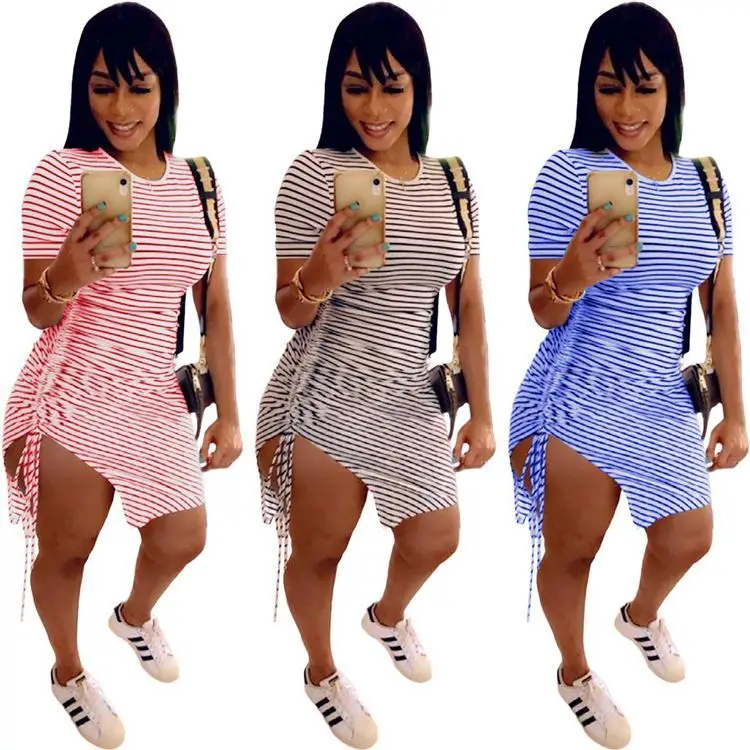 

PEARL Lowest Price Fashion Striped Printing Slit Drawstring Summer Dress Womens Clothing