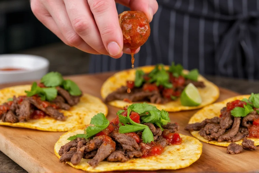Chef's hands pouring homemade chipotle red chili salsa over grilled carne asada tacos with fresh cilantro garnish