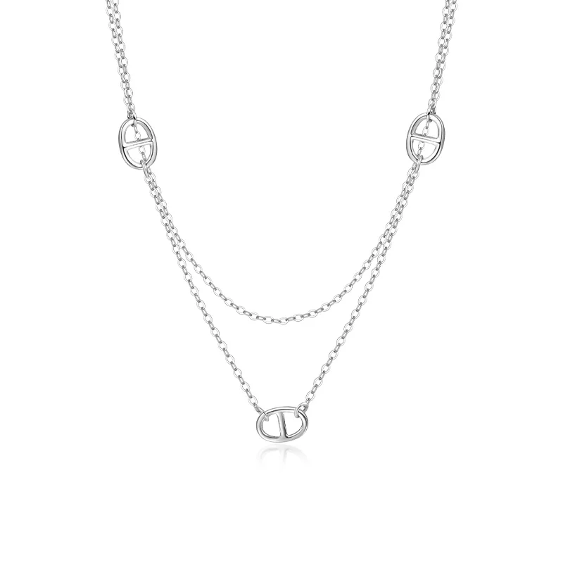 

Newest 925 Sterling Silver Trendy Geometric Hollow Out Charm Double Layer Pendant Necklace for Women