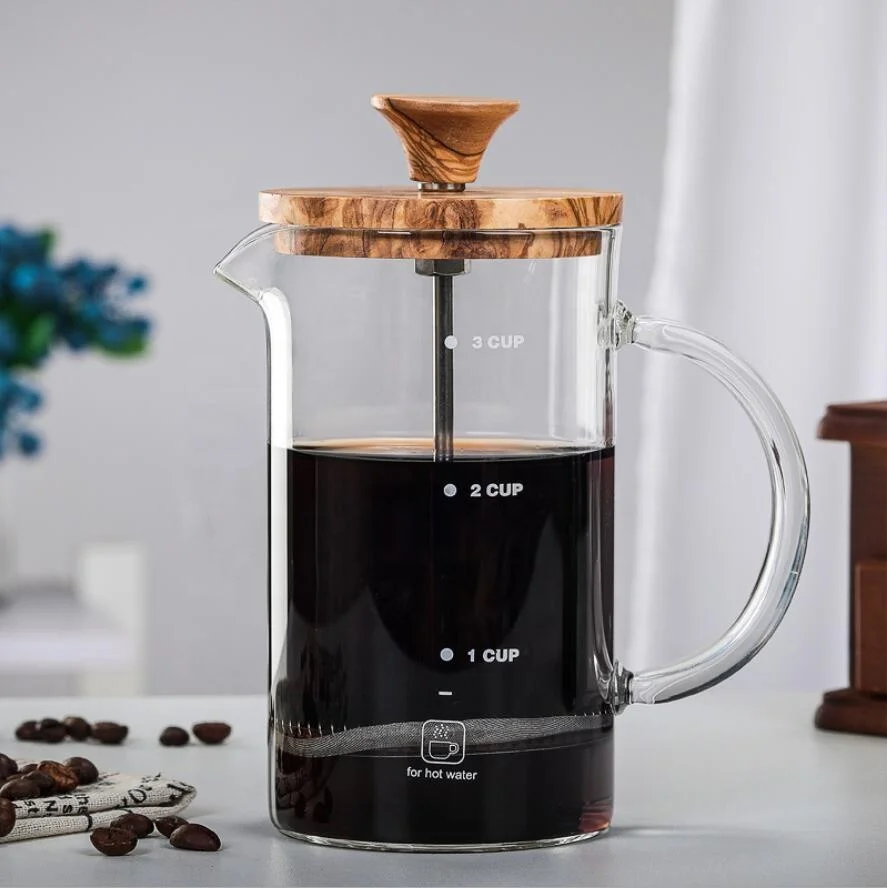 

2021 new arrival stainless steel french press coffee maker coffee plunger 600ml 1000ml wood lid premium modern french press, Transparent