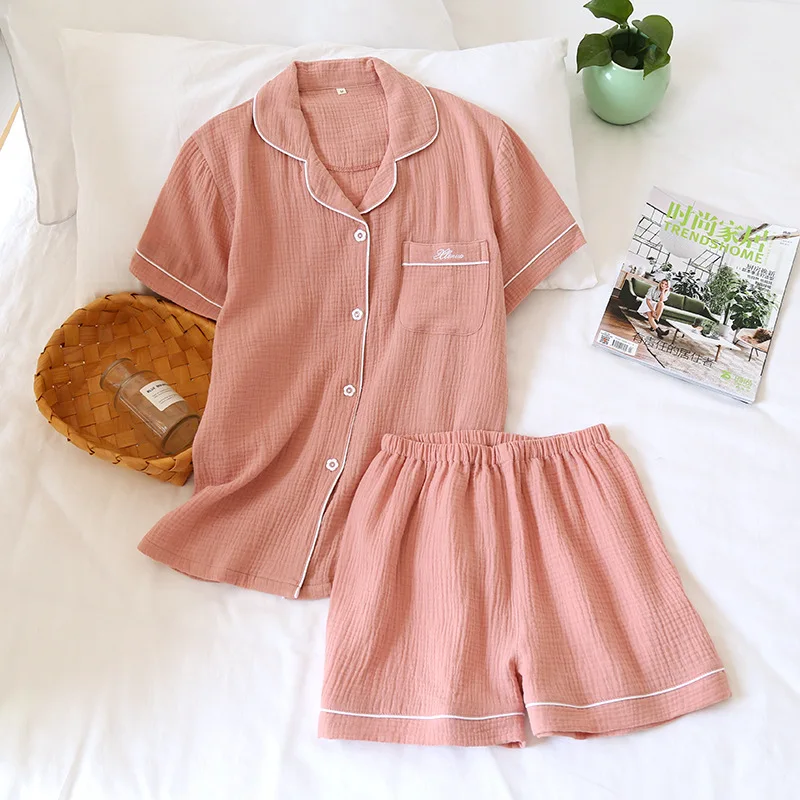 

Summer Loose Short Sleeve Seersucker Cotton Homewear Women Set, Customized color