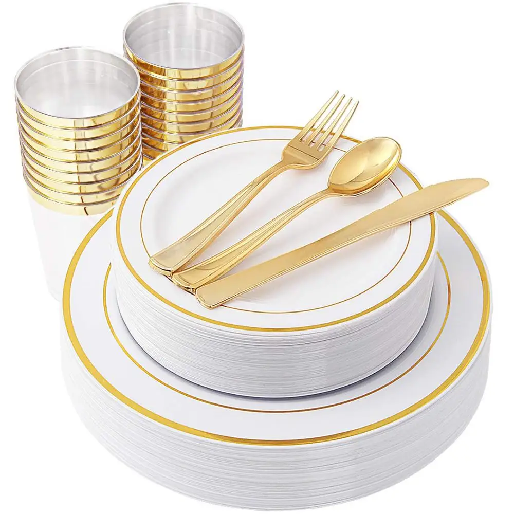 

Gold Rim Disposable Reflections Plastic Dinnerware Set, White+gold rim