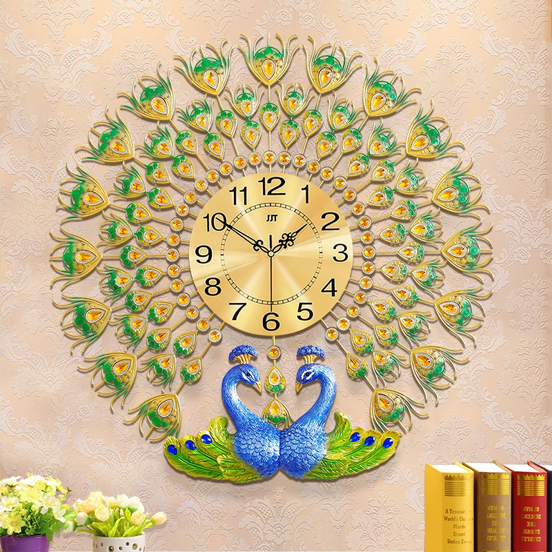 

Luxury Beautiful Peacock Decor Wall Clocks 3D Double Peacock Head Clocks For Home