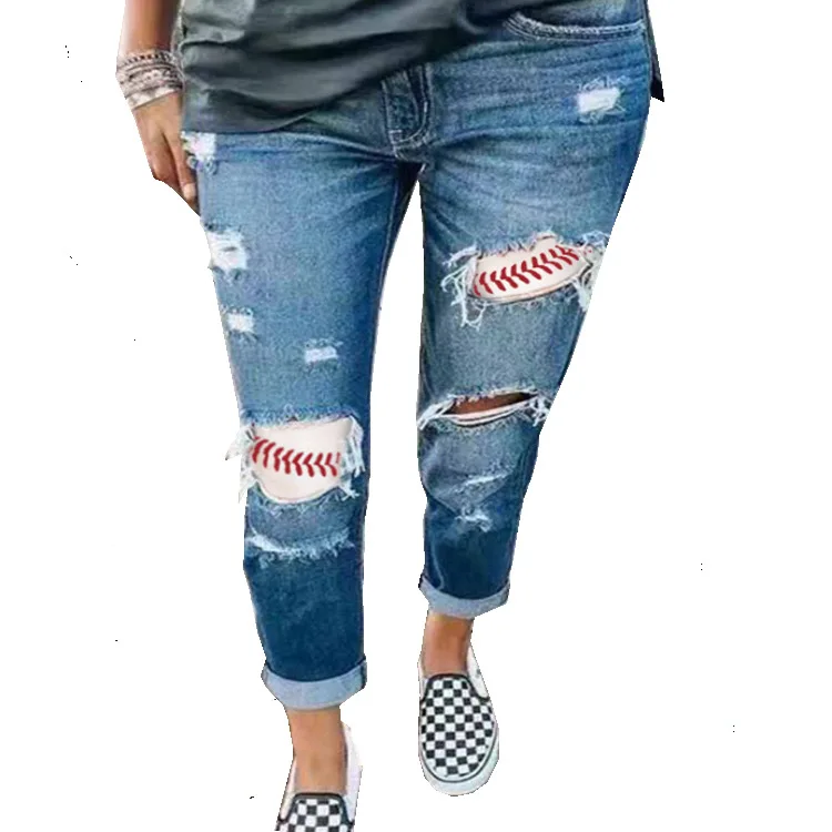 

Women Baseball Print Ripped Distressed Frayed Skinny Slim Fit Long Denim Pants Jeans
