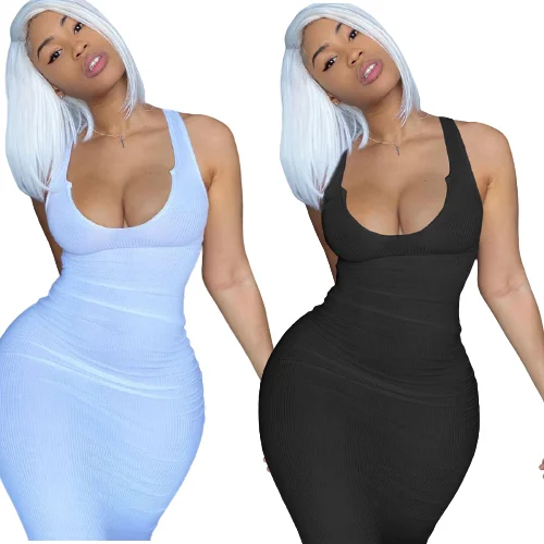 

2021 Pure Cotton Sleeveless V-neck Casual Skirt Elastic Fitness Fashion Pure Color Tight Short Top Mini Dress Tight Dress