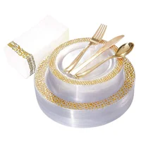 

150pcs Clear Gold Rim Wedding Disposable Plastic Tableware Sets