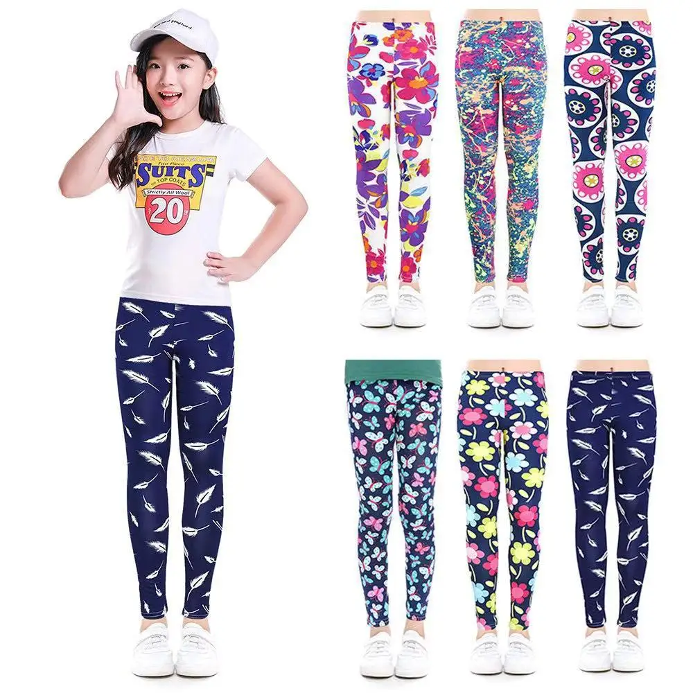 

RTS Hot Selling Printing Flower Girl Leggings Kids Classic Pants Soft Yoga Pants Tights 2-13Y, 6 styles