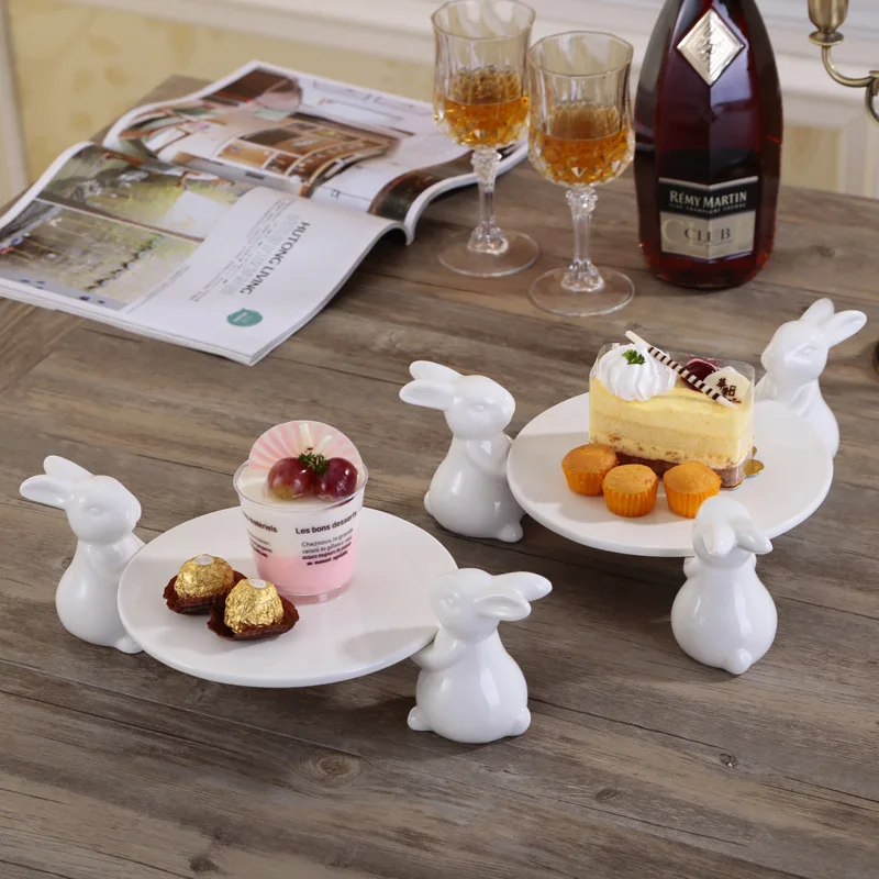 

Lovely birthday wedding ceramic rabbit jewelry tray stand, White