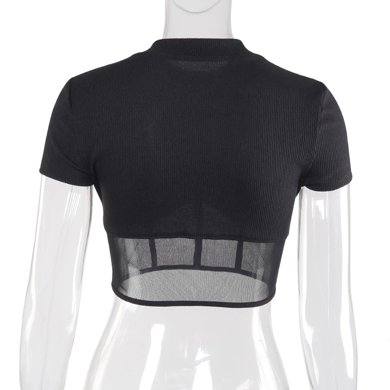 

MS20066 New Arrival ladies sexy designer top streetwear black ribbed mesh patchwork t shirt tops 2021 fit slim crop top