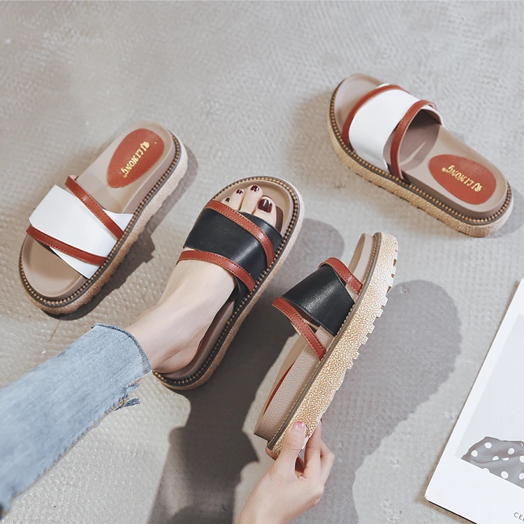 

Outdoor High Quality Genuine Leather Thick Bottom Platform slippers summer Ladies Women's Slippers With Thick Soles, White, black