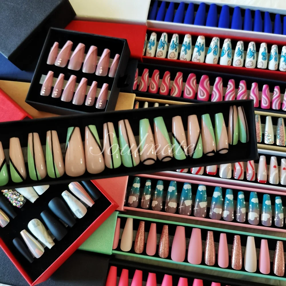 

Soulmate 2021 New Designs Luxury Custom Private Label Packaging French long coffin Press On Nails