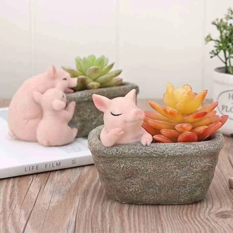

RTS Amazon Hot Sale Flower Pot Vendor Resin Plants Pots Small Succulent Planter cute pig cartoon desktop flower pot, Customized color