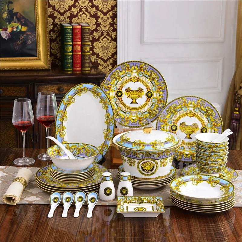 Wholesale 58 Pcs Europe Luxury Blue Palace Dining Room Sets Bone China