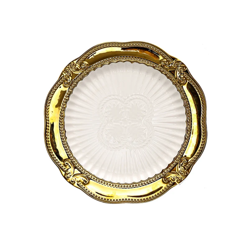 

Wholesale 2022 New Product Luxury Pastry Charge Ceramic Plate For Restaurant Wedding, White with gold rim