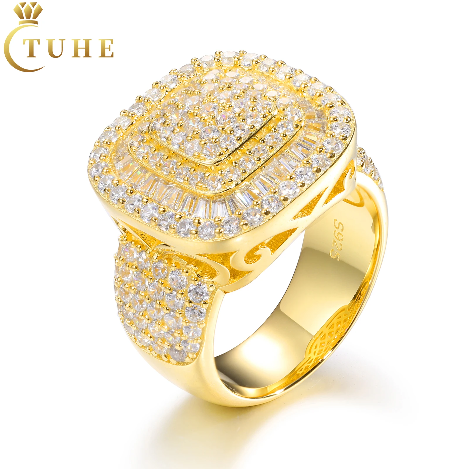 

Luxury Hip Hop Jewelry 18K Gold Plated 925 Sterling Silver VVS Moissanite Diamond Iced Out Hip Hop Geometric Ring For Men
