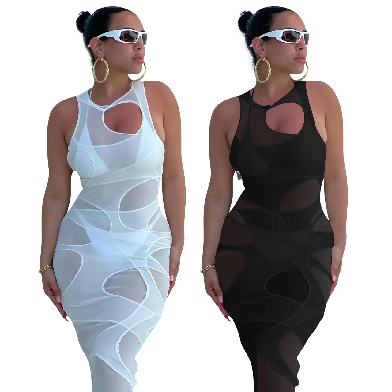 

DLL-FE120 New design black cut out ladies dresses summer sleeveless women sexy bodycon mesh dress, As picture or customized make