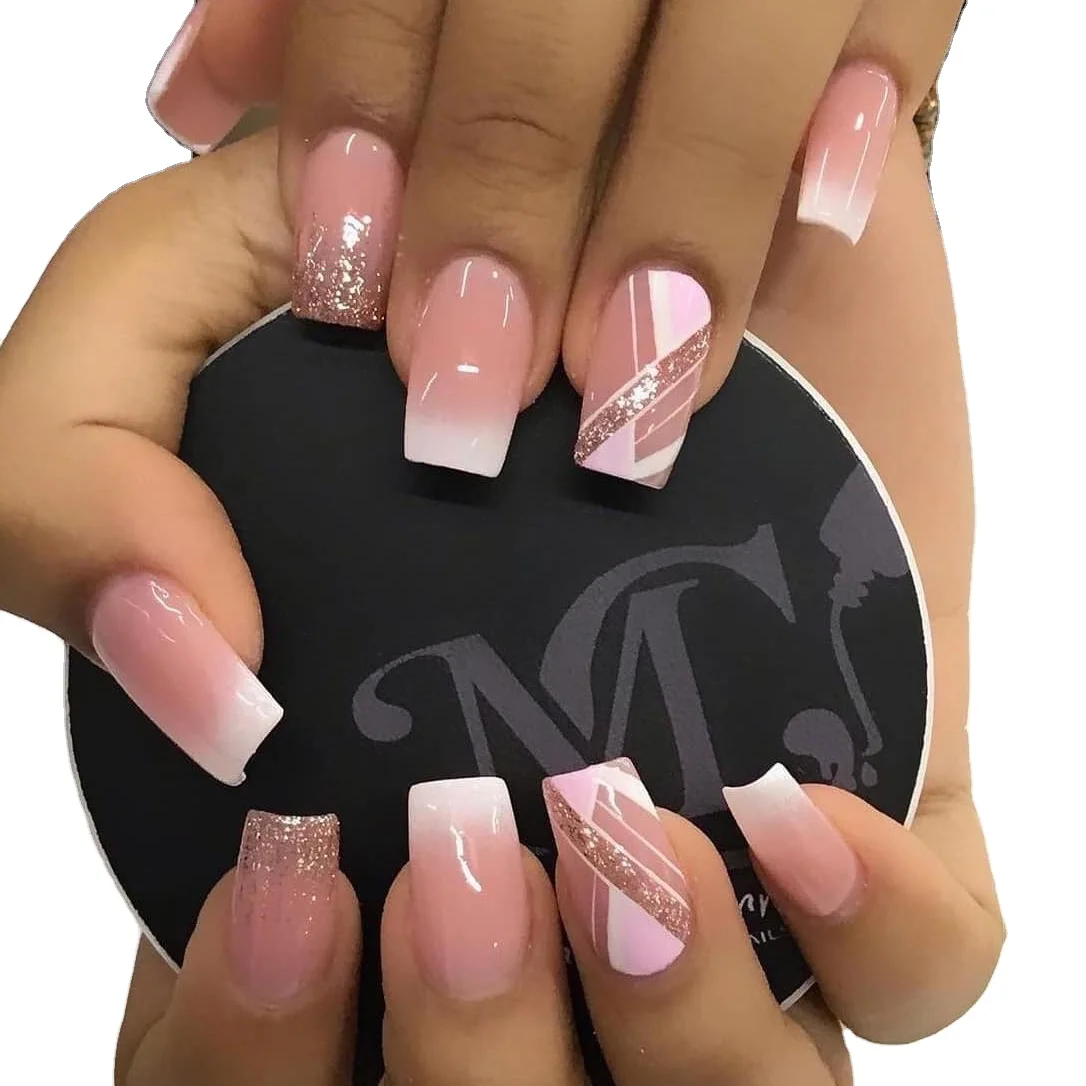 

French short gold glitter gradual white designer acrylic press on fakes false finger nails glitter for women
