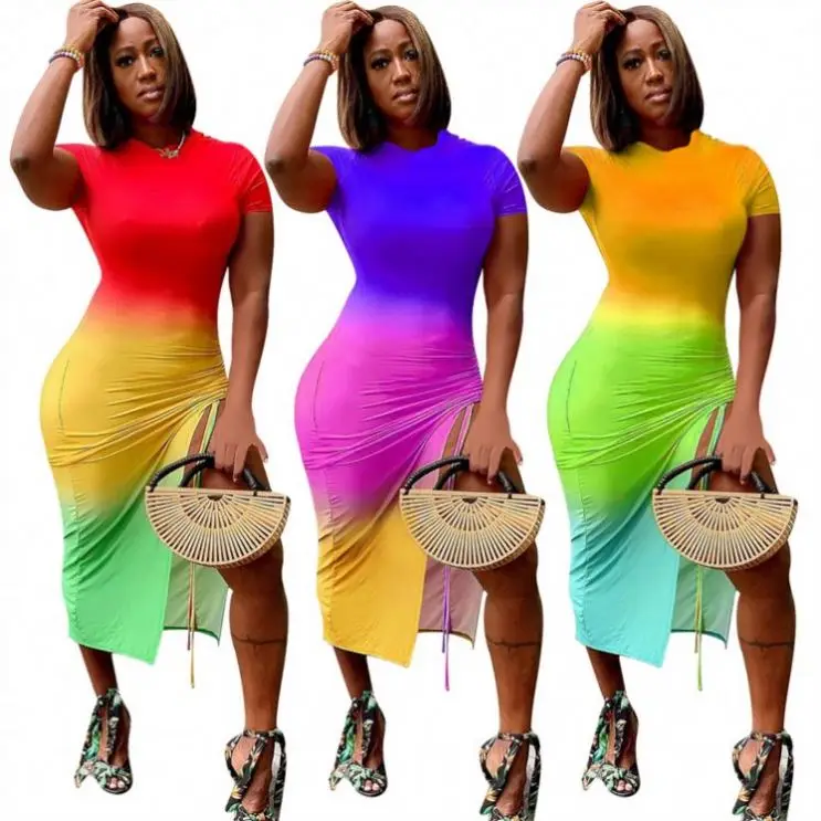 

PEARL Hot Selling Fashion 2021 Summer Short Sleeve Gradient Color Print Dress Women Slit Drawstring Midi Sun Dresses For Ladies
