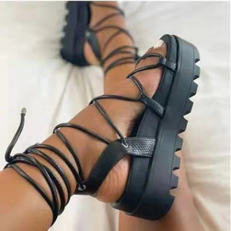 

2021 Women Platform Sandals Cross Straps Ankle lace up Flat Causal Shoes Roman Gladiator Rope Sandals For Women, As picture or custom