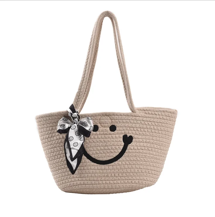 

Summer Holiday Solid Color Large Capacity Woven Straw Smile Silk Handbag Leisure Style Embroidery Logo Cotton Beach Bucket Bag, Customizable