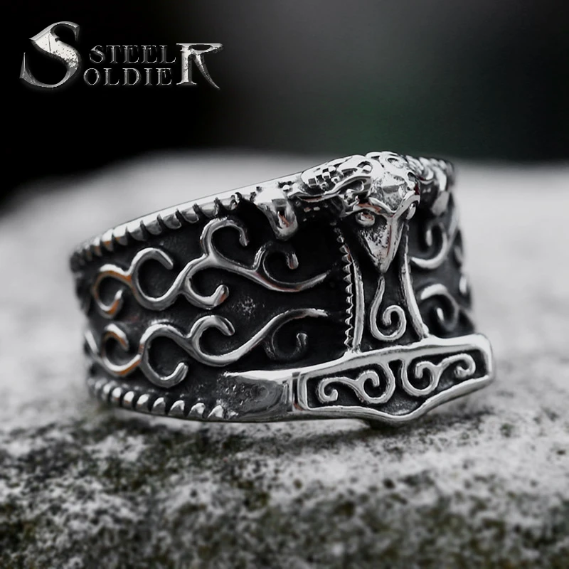

SS8-1233R 2023 New Arrival 316L Stainless Steel Viking Ring Nordic Mjolnir Thor's Hammer Ring For Men Vintage Jewelry Wholesale