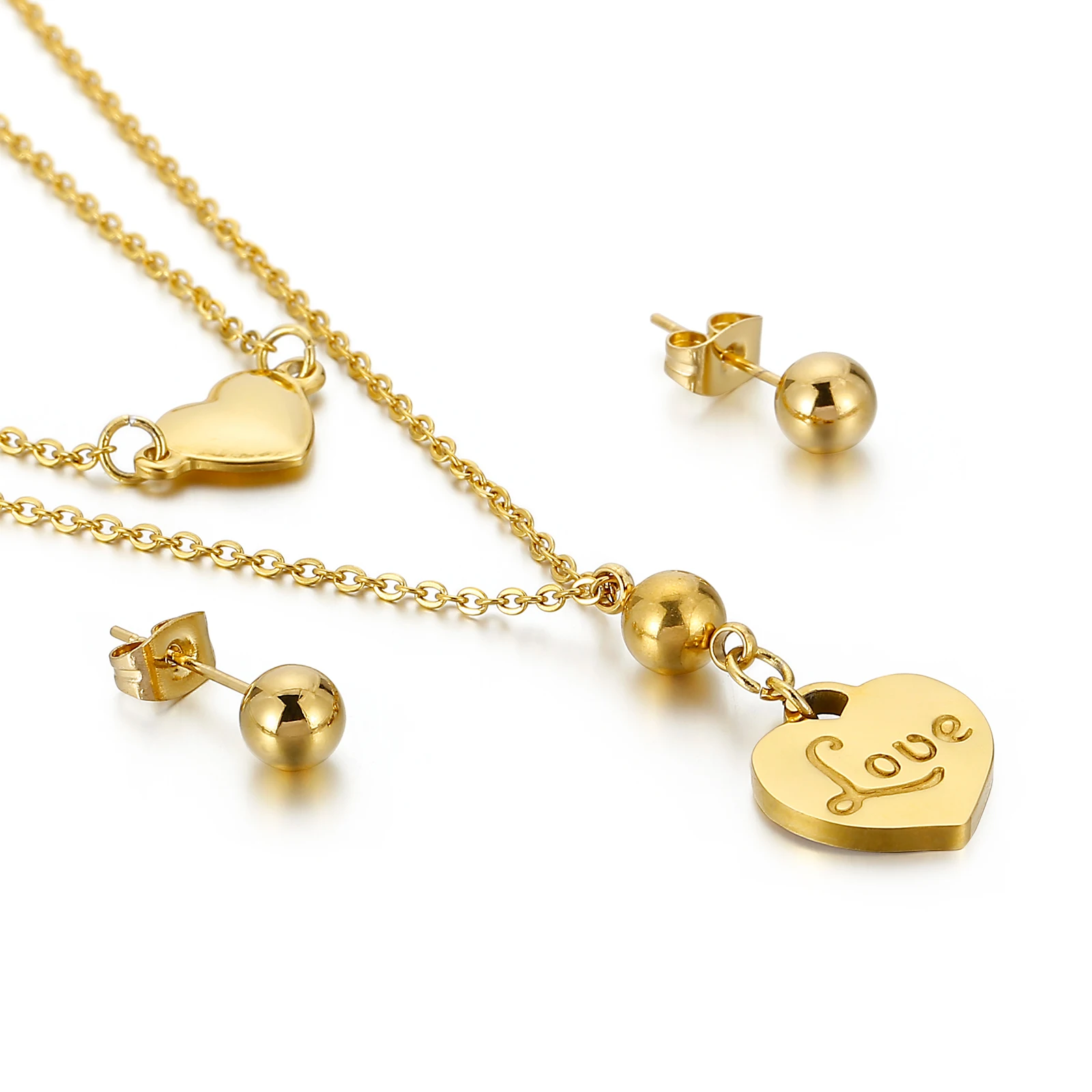

Wholesale Fashion Charm Love Heart & Bead Charm Stainless Steel Earring Necklace Women Jewelry Set, Steel/gold
