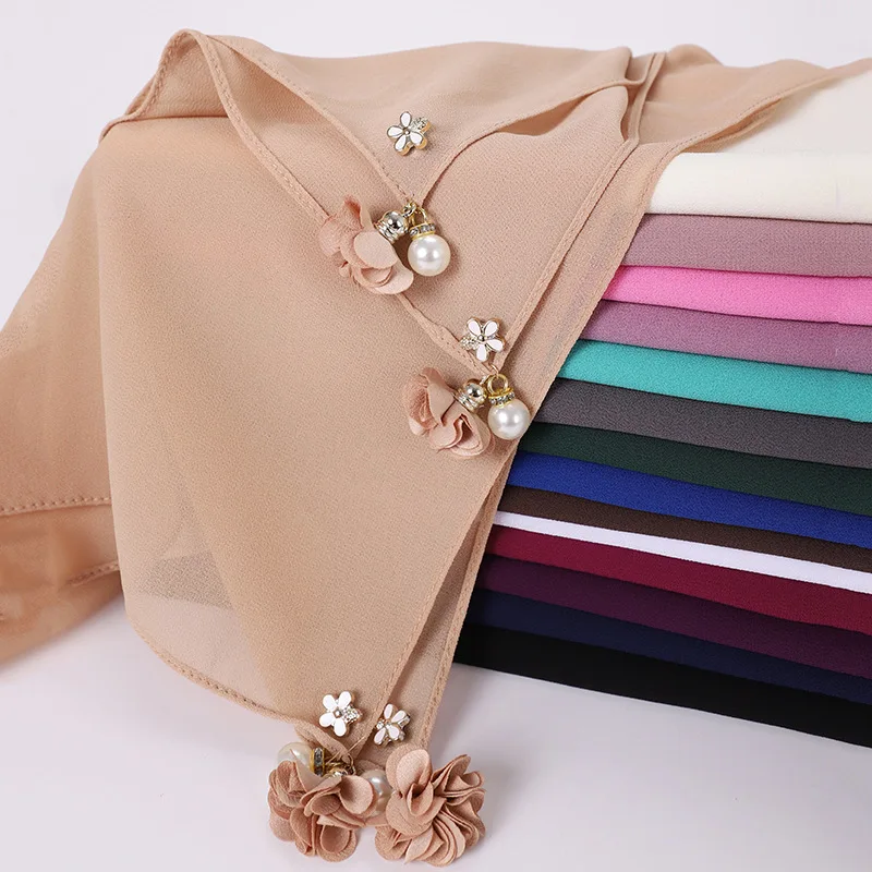 

Square Scarf 110 110*110cm Hijab Chiffon Malaysian Chiffon Hijab Pearl Tassel Scarf Shawls For Women