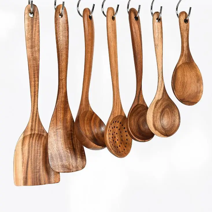 

Durable cooking accessories nonstick home dining natural teak wood kitchenware utensils set with comfortable handle, Natural wood