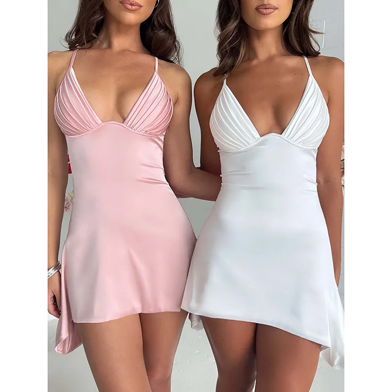

Sexy deep V neck suspenders white bridesmaid dresses backless birthday party mini dress teen sexy girl tight mini dress