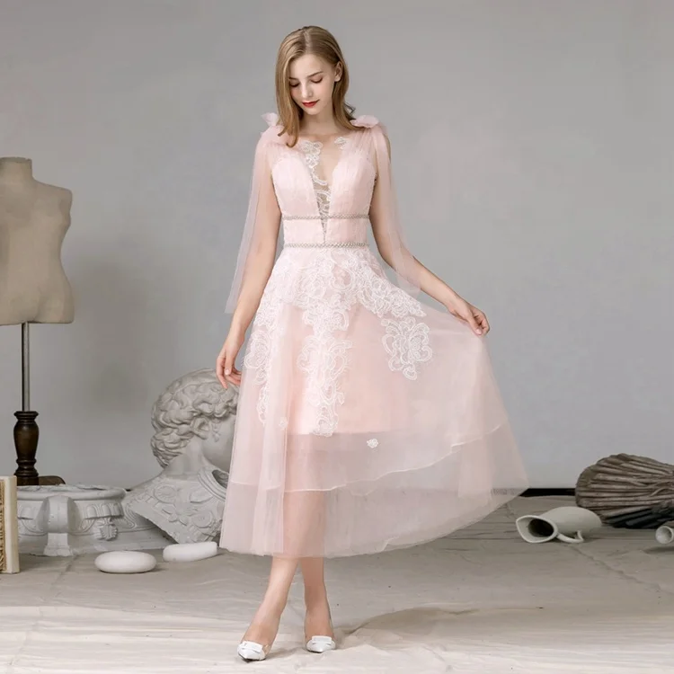 

#962 Elegant V Neck Tea-Length Lace Tulle Pink Formal Party Evening Gown Prom Dress, As picture