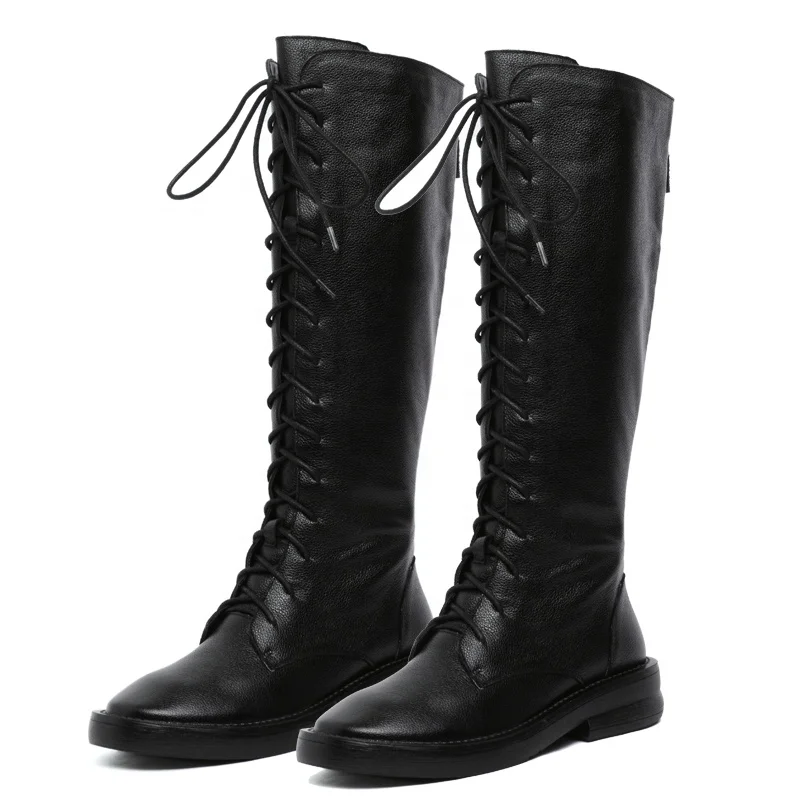 

2020 Winter black genuine leather zipper flats platform long boots women knee high fashion cowhide ladies boots shoes