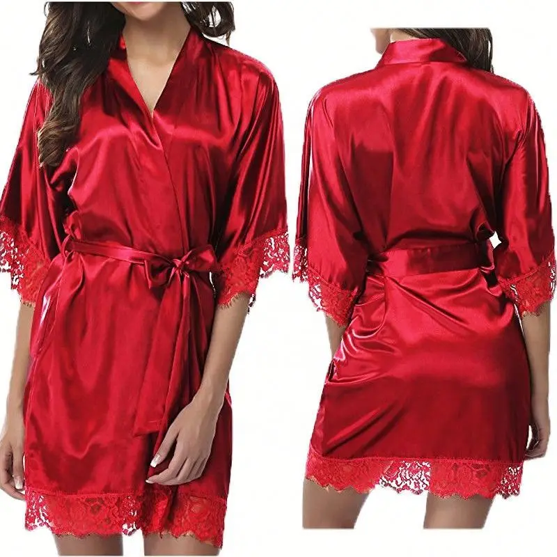 

QC-3002 Wholesale factory smooth nightgown lace edge smooth pajama women's sleepwear satin sexy robes women
