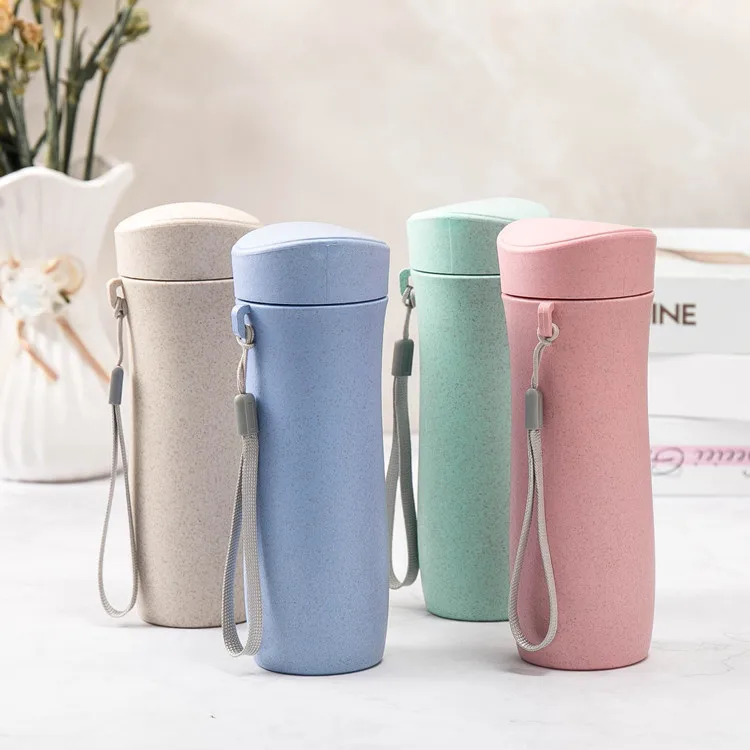 

500ml Eco-Friendly Biodegradable Wheat Straw Fiber Drinking Bpa Free Leakproof Outdoor Water Bottles With Portable Rope