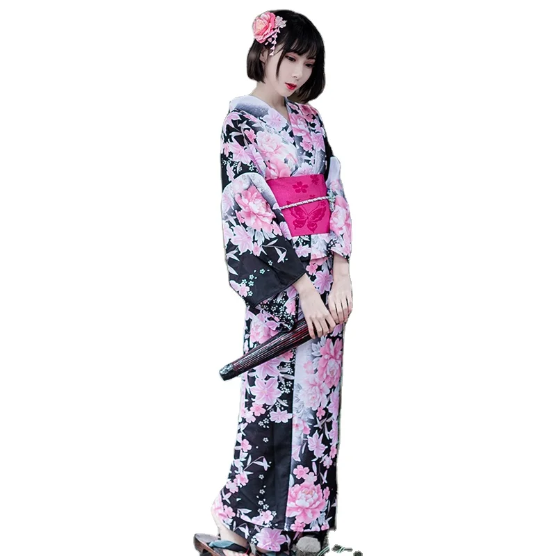 

Polyester Asian Ethnic Clothing pink kimono female Sakura Pattern bathrobe Japanese fireworks conference bathrobe + belt, As the pictures