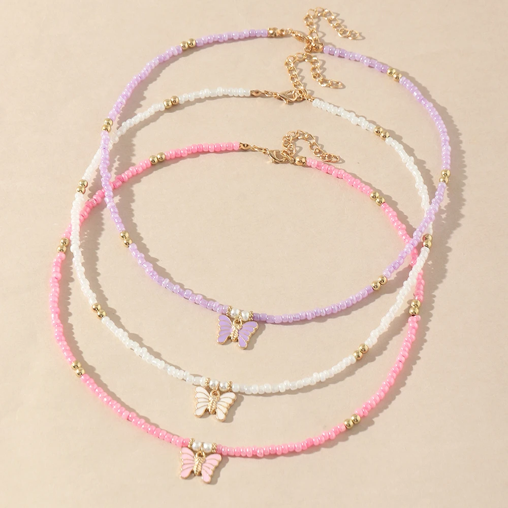 

3Pcs/set Wholesale Fashion Women Jewelry Gold Plated Butterfly Pendant Necklace Handmade Colourful Bead Necklace