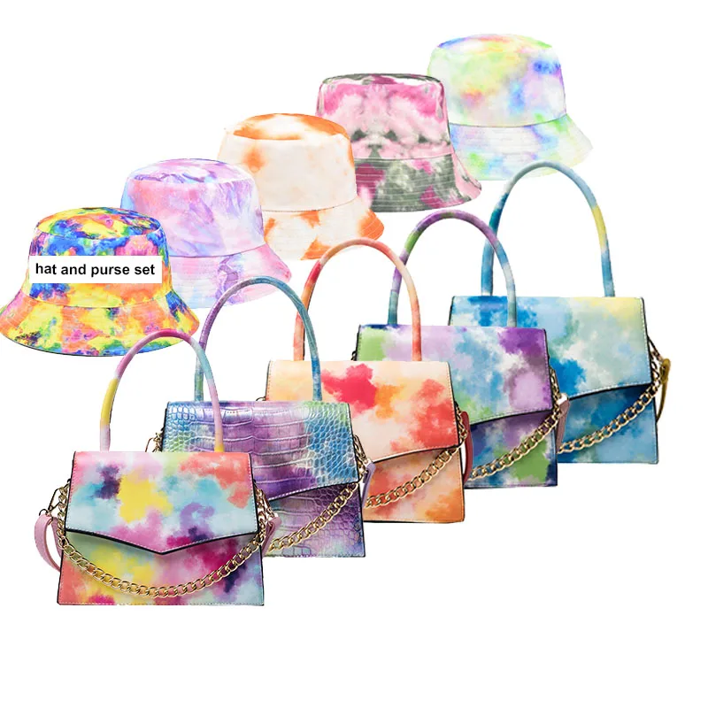 

2021 summer rainbow tie dye small ladies hand bags women handbags single shoulder crossbody matching hat and purse set, 4 colors