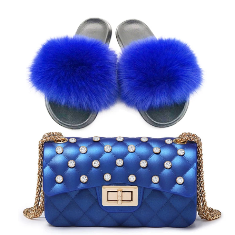 

Fashion Women Indoor Fluffy Real Fox Fur Sandals Slides and Jelly Purse Set