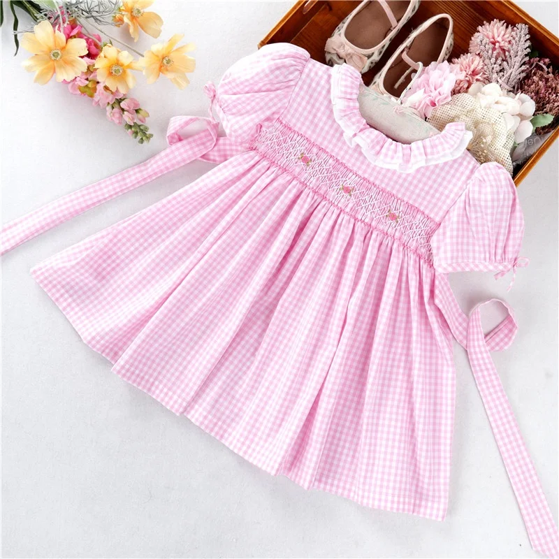 

C1152 summer flower floral pink baby girls dresses smocked cotton hand made embroidery wholesale children clothes kids clothing