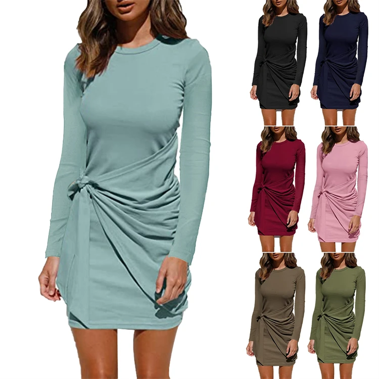 

D11557 New style fashion solid color round neck wrinkle midi skirt ladies autumn casual dresses 2021 women's