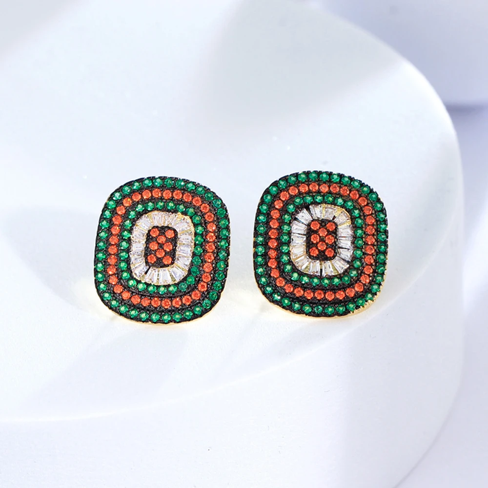 Square Micro Pave Cubic Zirconia Boho Ethnic Style Green Big Stud Earrings for Women Luxury CZ Wedding Engagement Jewelry
